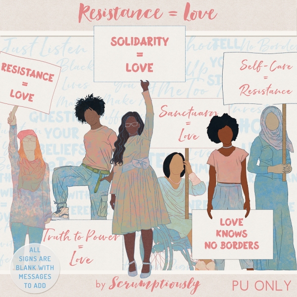 Free “Resistance = Love“ digital art protest marchers carrying signs with words of resistance, downloadable freebie for art journaling, digital scrapbooking, planner decorating